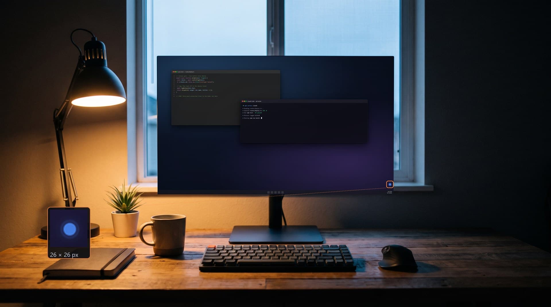 A monitor on a desk at dusk. Claude Code is mid-build and Vigil is a single small blue dot in the corner of the screen, magnified in an inset.